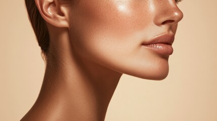 A woman with a tan complexion and a well-defined jawline