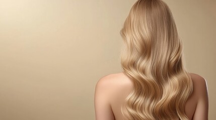 A woman with long blonde hair is standing in front of a tan wall