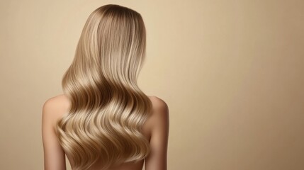 Fototapeta premium A woman with long blonde hair is standing in front of a tan background