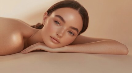 Obraz premium A woman with long brown hair and a tan complexion lays on a table