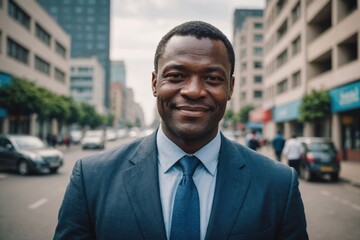 Fototapeta premium Close portrait of a smiling 40s Congolese businessman looking at the camera, Congolese big city outdoors blurred background
