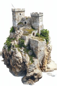 Stone castle ruins atop a rocky outcrop.