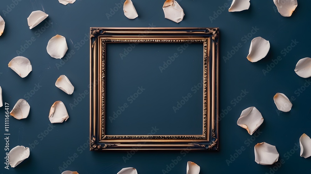 Wall mural Empty vintage golden frame surrounded by scattered white rose petals on a dark blue background. Flat lay composition with copy space. Elegant decorative design for creative projects and invitations.

