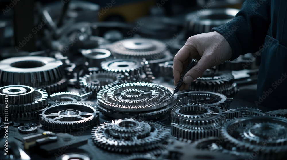 Poster close-up of a hand inspecting mechanical gears on a workshop table highlighting the intricate detail