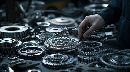 Close-up of a Hand Inspecting Mechanical Gears on a Workshop Table Highlighting the Intricate Details of Industrial Engineering and Precision Manufacturing Processes
