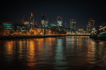 Fototapeta premium A stunning view of a city skyline at night. The shimmering lights reflect off the water creating a magical atmosphere. Perfect for urban and nightlife themes. Generative AI