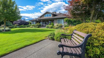Charming Garden Retreat, a vibrant front yard filled with lush grass, ornamental shrubs, and a peaceful bench, inviting relaxation amid a serene natural setting.
