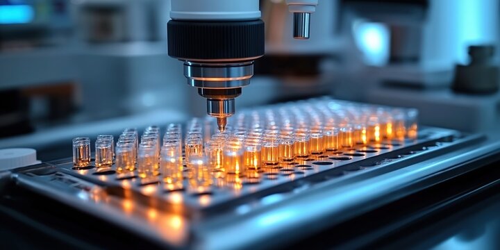 Automated liquid handling robot processes samples in medical lab. Precision tech handles small vials. Biomarker detection for early cancer identification underway. Modern lab equipment performs