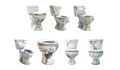 Pack Cracked toilet tank set against transparent background for illustrating plumbing issues or damage to bathroom fixtures