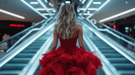 A woman adorned in a dramatic red dress with cascading ruffles descends an illuminated escalator, creating a striking visual narrative in contemporary fashion photography. - Powered by Adobe