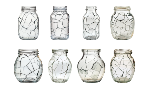 Pack cracked glass jar set against transparent background for discussing broken containers or storage mishaps