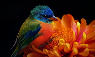 Fototapeta premium A vibrant and colorful bird perched on an orange flower, displaying a stunning array of blue, green, and orange feathers against a dark background