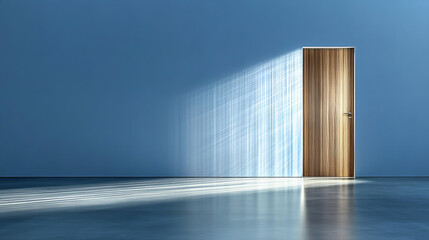 Obraz premium Wooden door slightly open revealing light in a dark, empty room