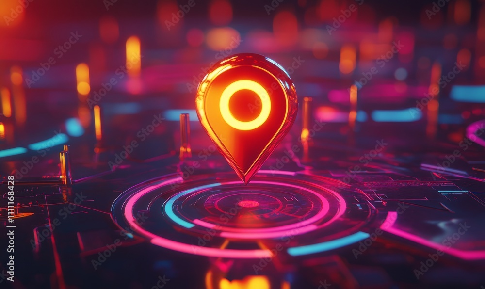 Poster a vibrant digital illustration depicting a location pin centered on a target, representing navigatio
