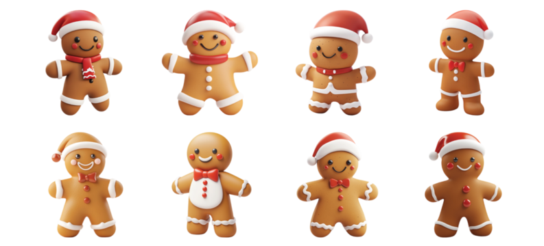 Pack Gingerbread man set against transparent background for festive or holiday-themed design projects