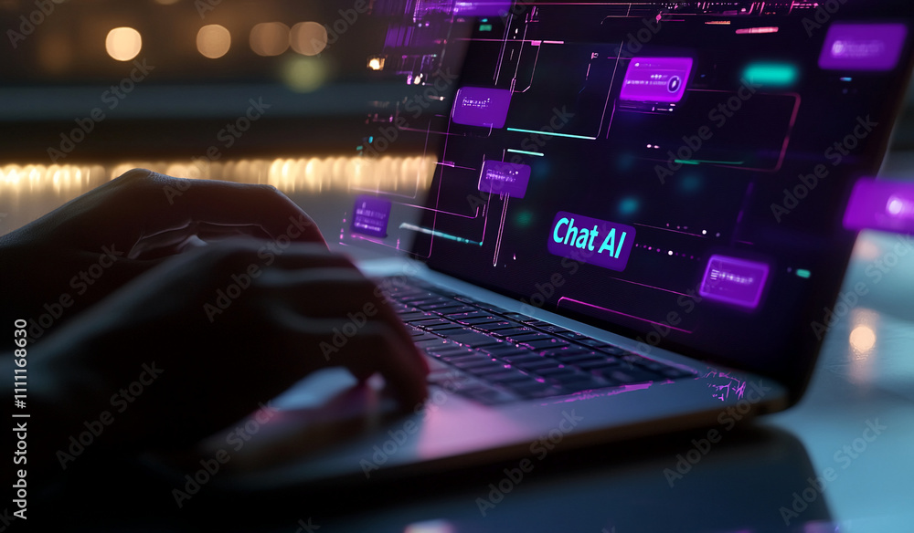 Poster Digital interaction with AI technology during nighttime hours highlights the advancements in online communication