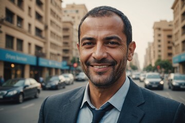 Fototapeta premium Close portrait of a smiling 40s Egyptian businessman looking at the camera, Egyptian big city outdoors blurred background