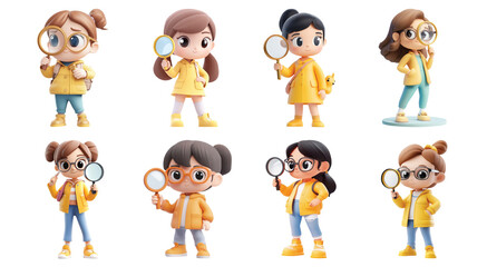 Obraz premium Pack Girl holding a magnifier set against transparent background