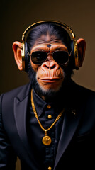Fototapeta premium A monkey wearing sunglasses and a gold chain necklace is wearing headphones