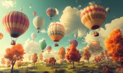 Naklejka premium A whimsical, colorful landscape featuring hot air balloons and stylized trees, capturing a playful and imaginative world.