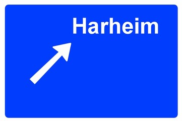 Illustration eines Autobahn-Ausfahrtschildes mit der Beschriftung "Harheim"	