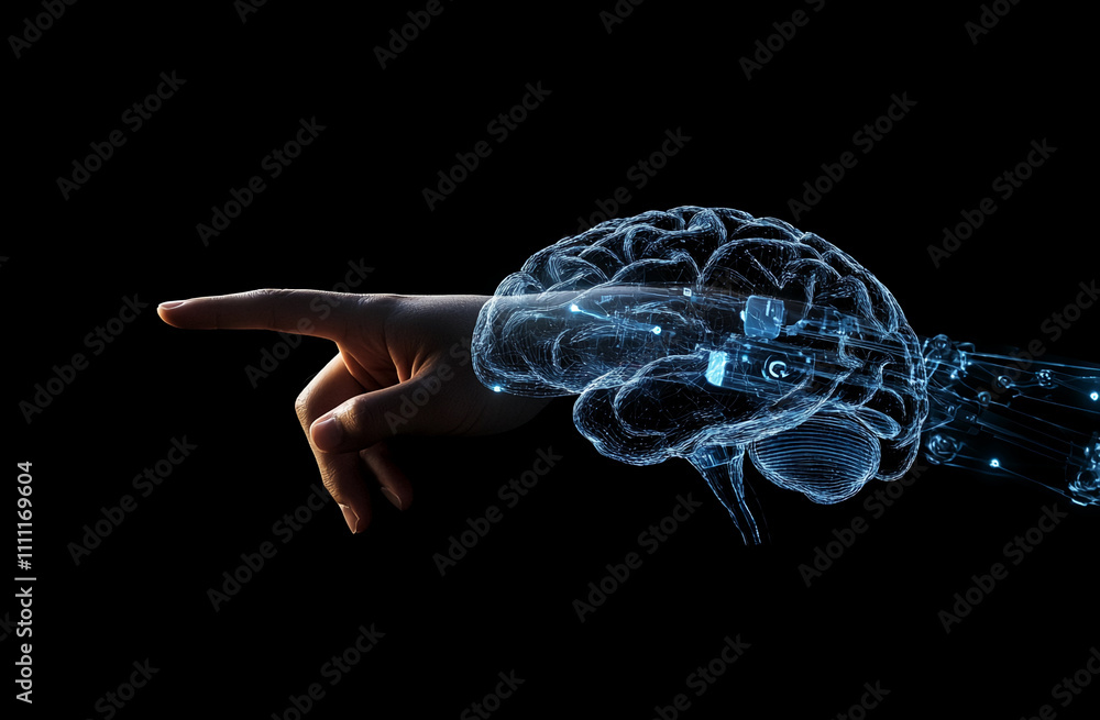 Poster digital representation of a human brain and hand interacting in a futuristic setting