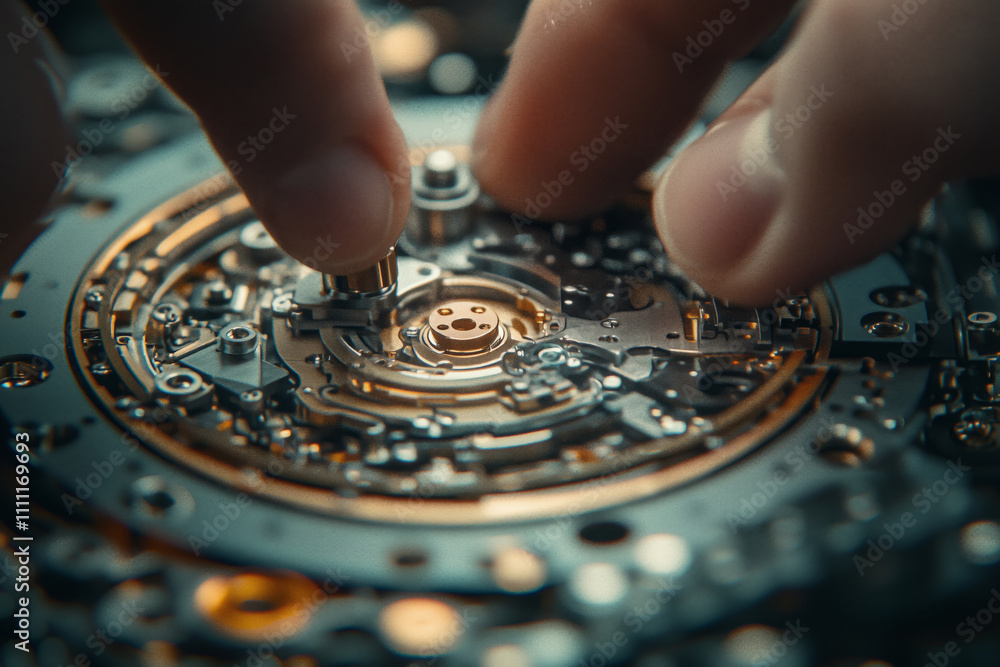 Poster Precision assembly process captured in a close-up of an engineer's hands