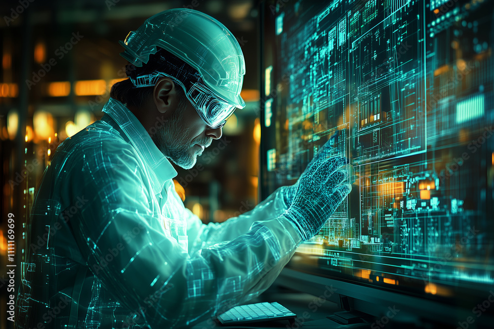 Poster Engineer conducts digital analysis in high-tech lab environment