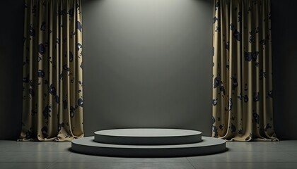 Empty podium with two levels against dark gray walls with patterned curtains. Minimalist design. Modern template for product showcase. Suitable for advertising exhibition presentations. Empty space