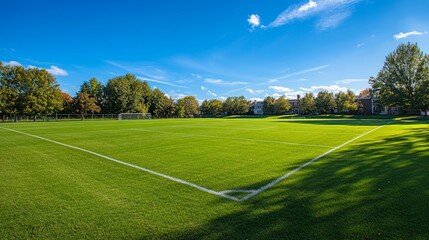 Green soccer field with marked lines, vibrant grass under a bright blue sky, perfect setting for sports events and outdoor activities, inviting and well-maintained atmosphere.