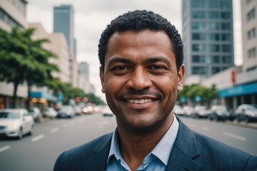 Fototapeta premium Close portrait of a smiling 40s Fijian businessman looking at the camera, Fijian big city outdoors blurred background