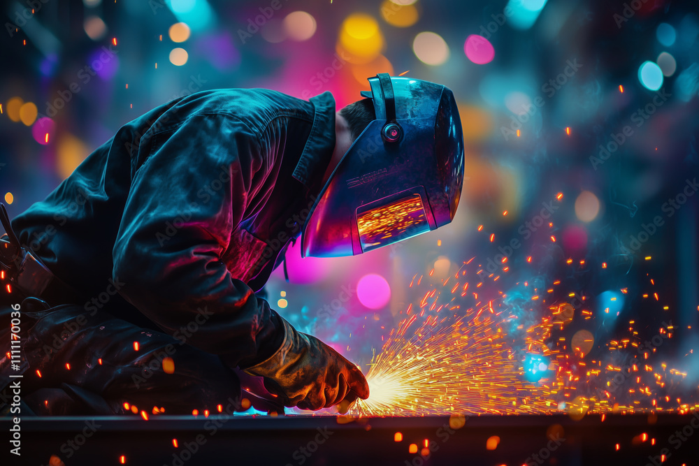 Aufkleber artistic depiction of a welder crafting metal in an illuminated workshop