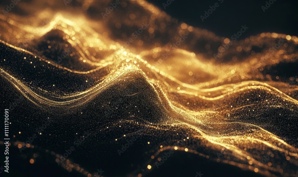 Poster abstract glowing waves in golden hues over a dark background, creating a mesmerizing flow of light a