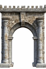 Obraz premium Stone archway, columns, crenellated top, aged appearance.