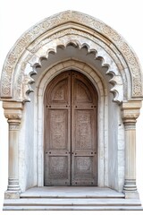 Fototapeta premium Ornate arched doorway, carved wooden doors, stone columns.