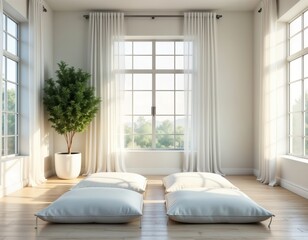 Fototapeta premium Bright white minimalist living room with large windows tranquil natural view. Soft light fills airy space featuring simple floor cushions for relaxation. Natural light bathes serene room. Plants add