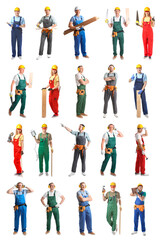 Set of many carpenters on white background