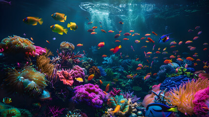 Fototapeta na wymiar Ethereal Glow in Ocean's Depth: A visual Journey into Vibrant Underwater Ecosystem