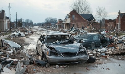 A tornado ravaged this street, leaving cars and buildings in ruins.