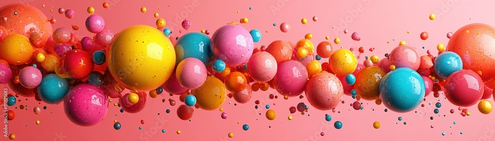 Poster colorful floating spheres abstract setting digital art vibrant environment eye-level view creative c