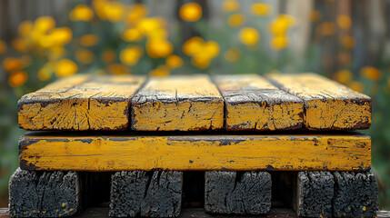 Obraz premium A close-up view of a rustic, yellow-painted wooden pallet set against a backdrop of vibrant flowers.
