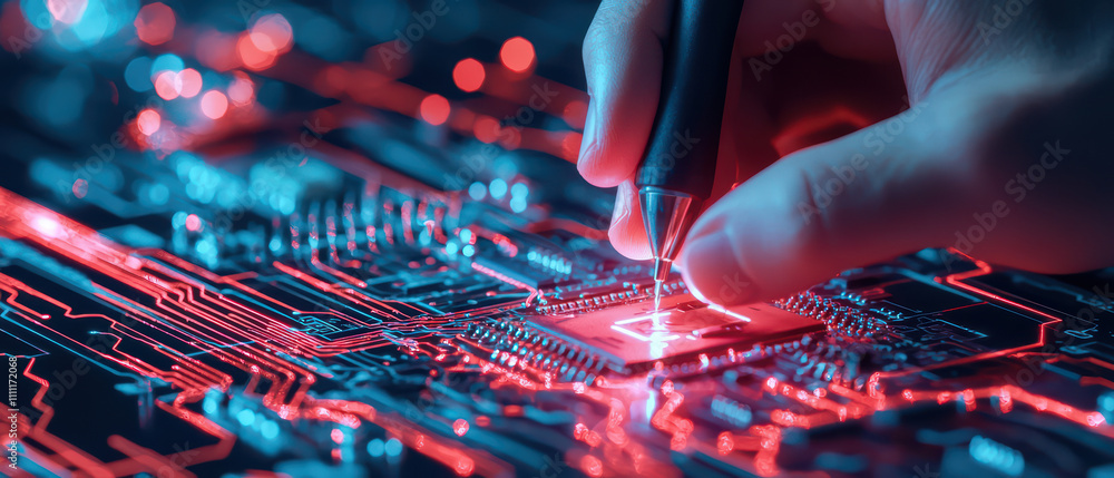 Poster closeup of hand working on glowing circuit board, showcasing intricate details and vibrant colors. f