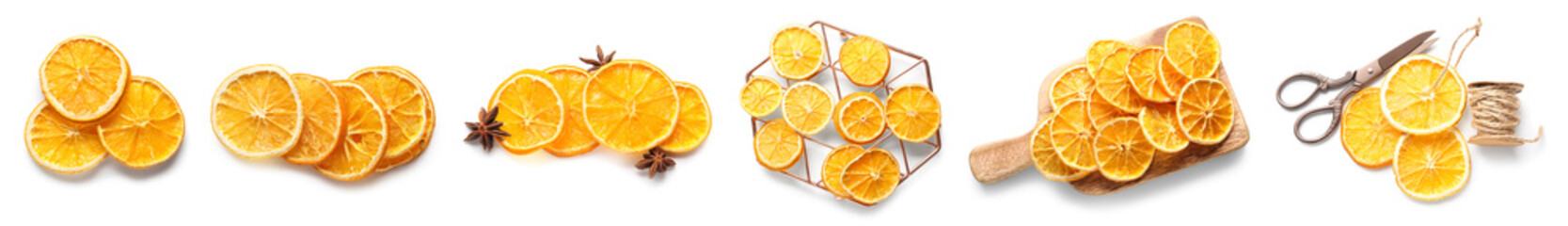 Collage of dried orange slices on white background, top view
