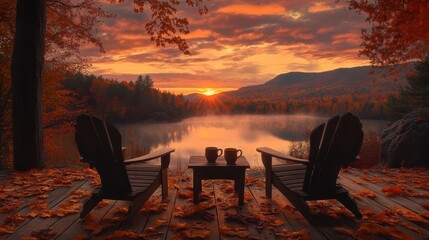 Fototapeta premium Peaceful Morning in Adirondacks with Chairs and Coffee