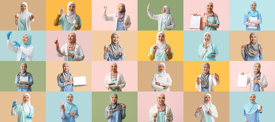Collage of female Muslim doctor in hijab on color background