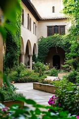 Fototapeta premium Stone courtyard, lush greenery, arched passage, flowering plants.
