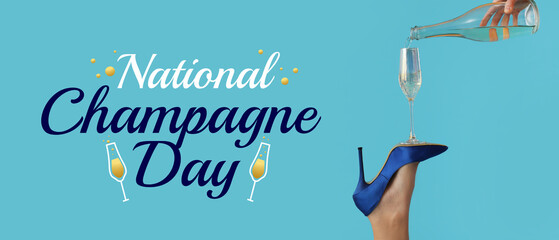 Female leg in stylish high heels with glass of champagne on blue background