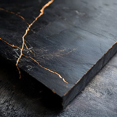 Close-up of a textured black slate with striking golden veins.