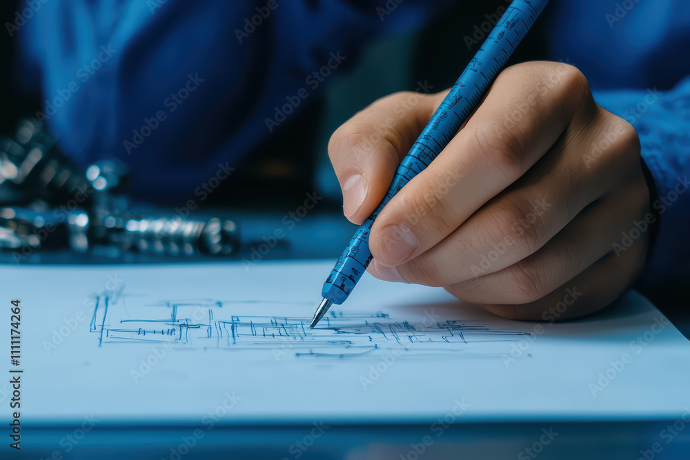 Poster person sketching architectural designs with precision using pen. focus is on detailed lines and tech