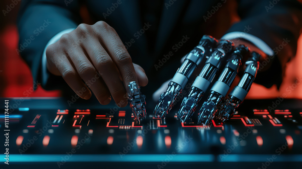 Aufkleber robotic hand interacts with digital interface in modern setting, showcasing advanced technology and 